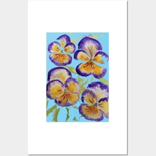 Viola Watercolor Purple Floral Pattern on Baby Blue Posters and Art